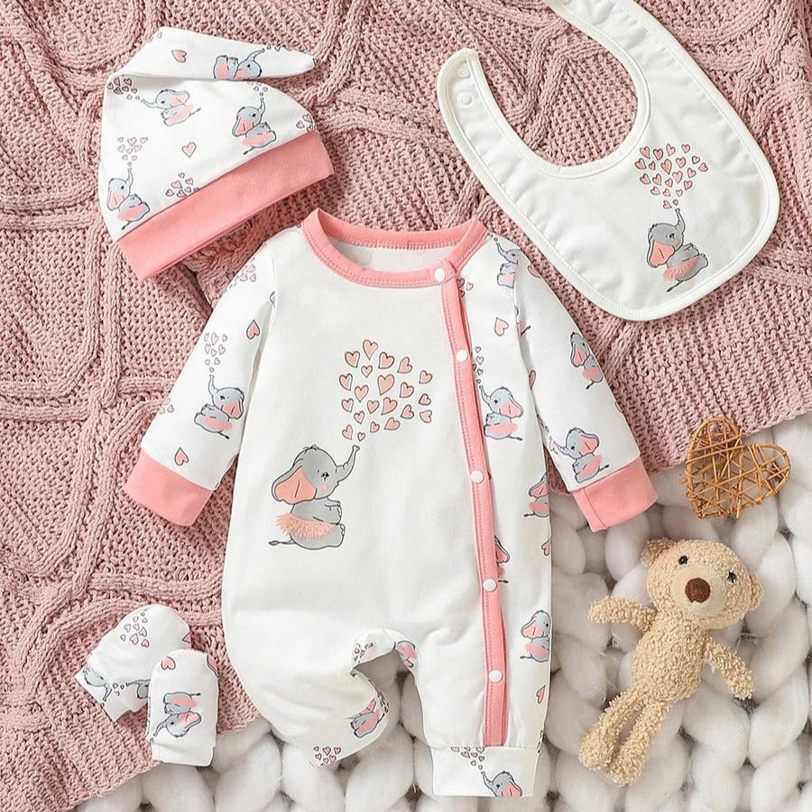 4-teiliges Baby-Set: Langarm-Overall mit Cartoon-Motiv, Lätzchen, Handschuhe und Hut - Mon Bebé